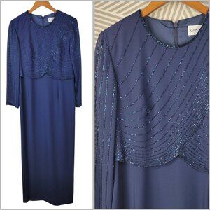 Karen Miller Evening Dress Sz 10 Petite Mother Bride Groom Navy Blue Beaded Long